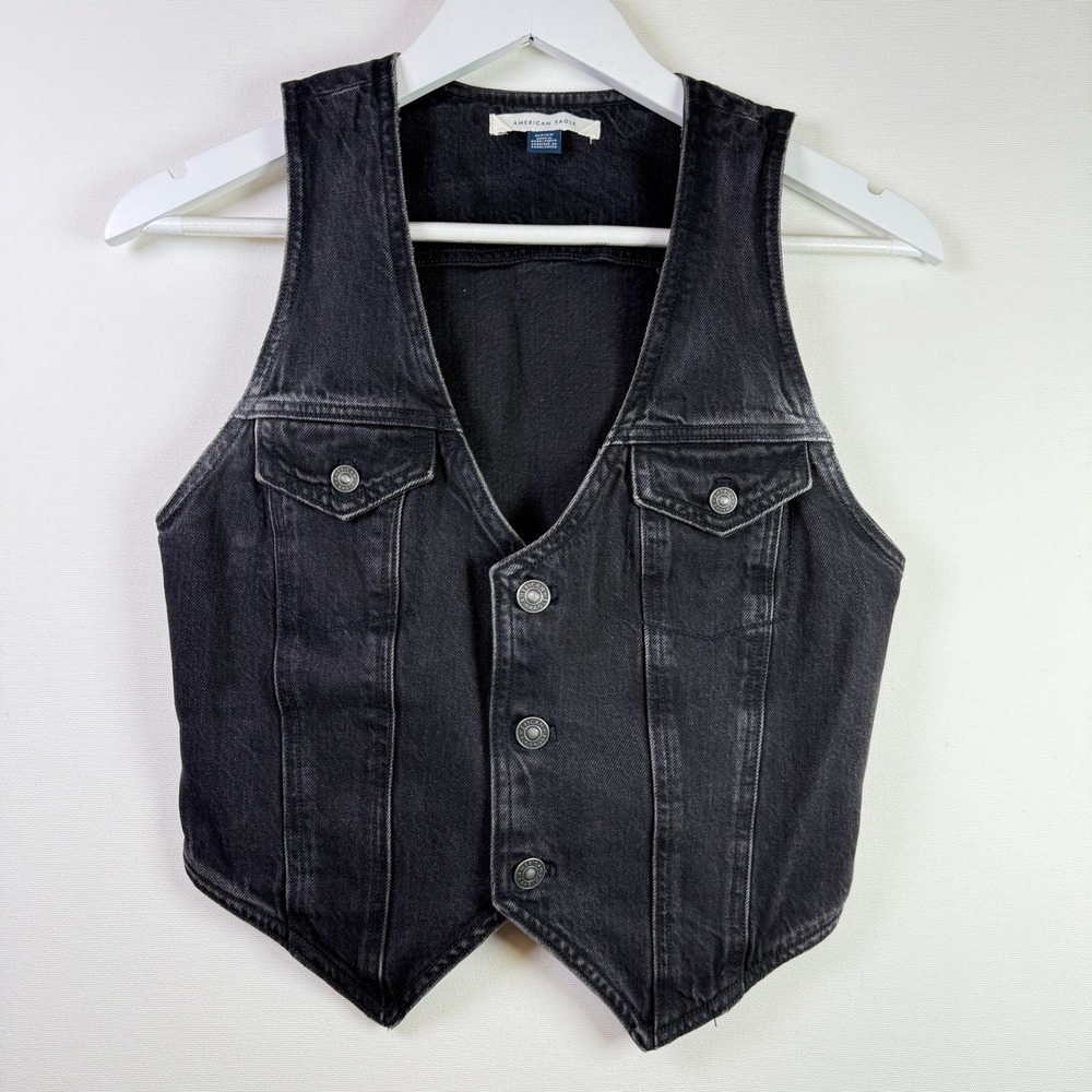 AMERICAN EAGLE Black Faded Denim Button Front Cinch Back Vest Small